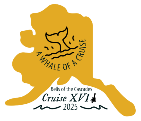 Logo for the 2025 Bells of the Cascades cruise, featuring the outline of the destination state of Alaska.