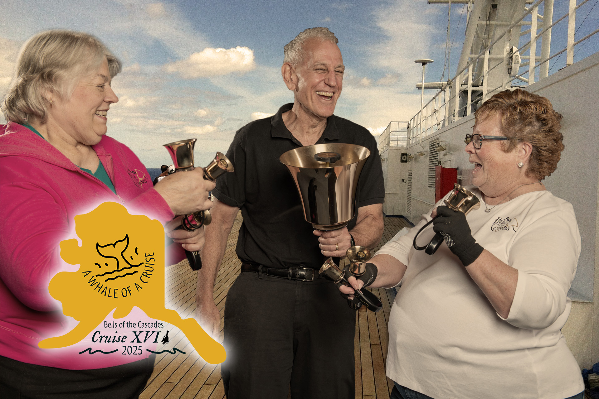 Three musicians from the Bells of the Cascades appear on a cruise ship deck with their instruments, laughing and ready for adventure.