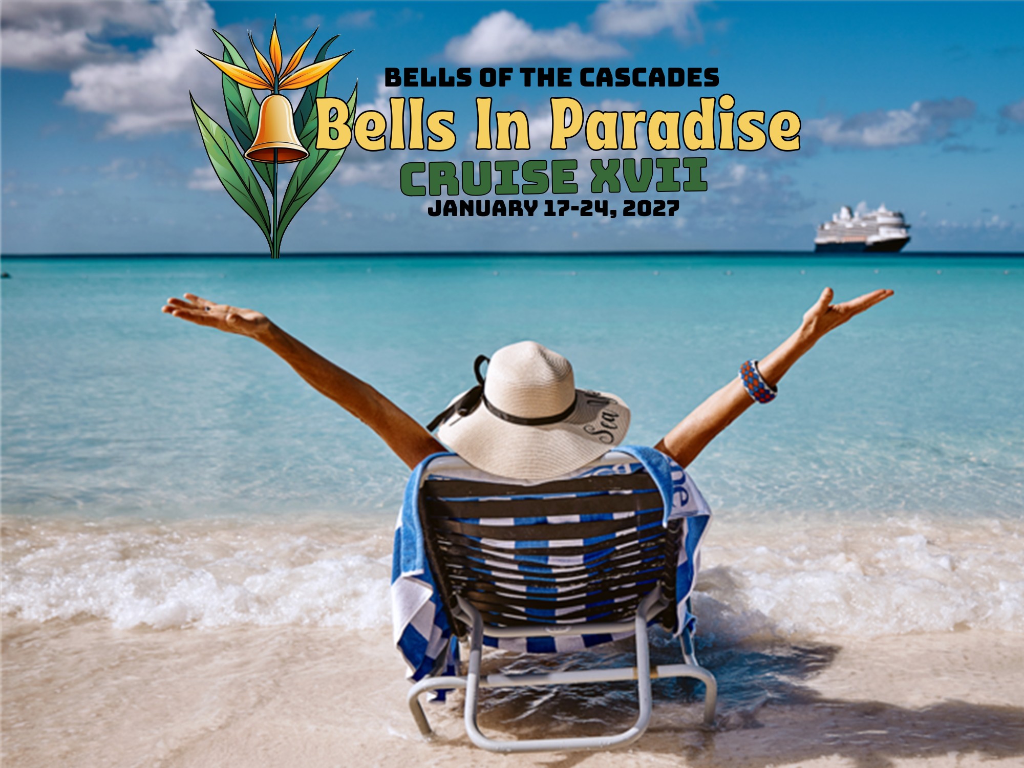 Members of Bells of the Cascades appear on a cruise ship deck, smiling and ready for adventure.